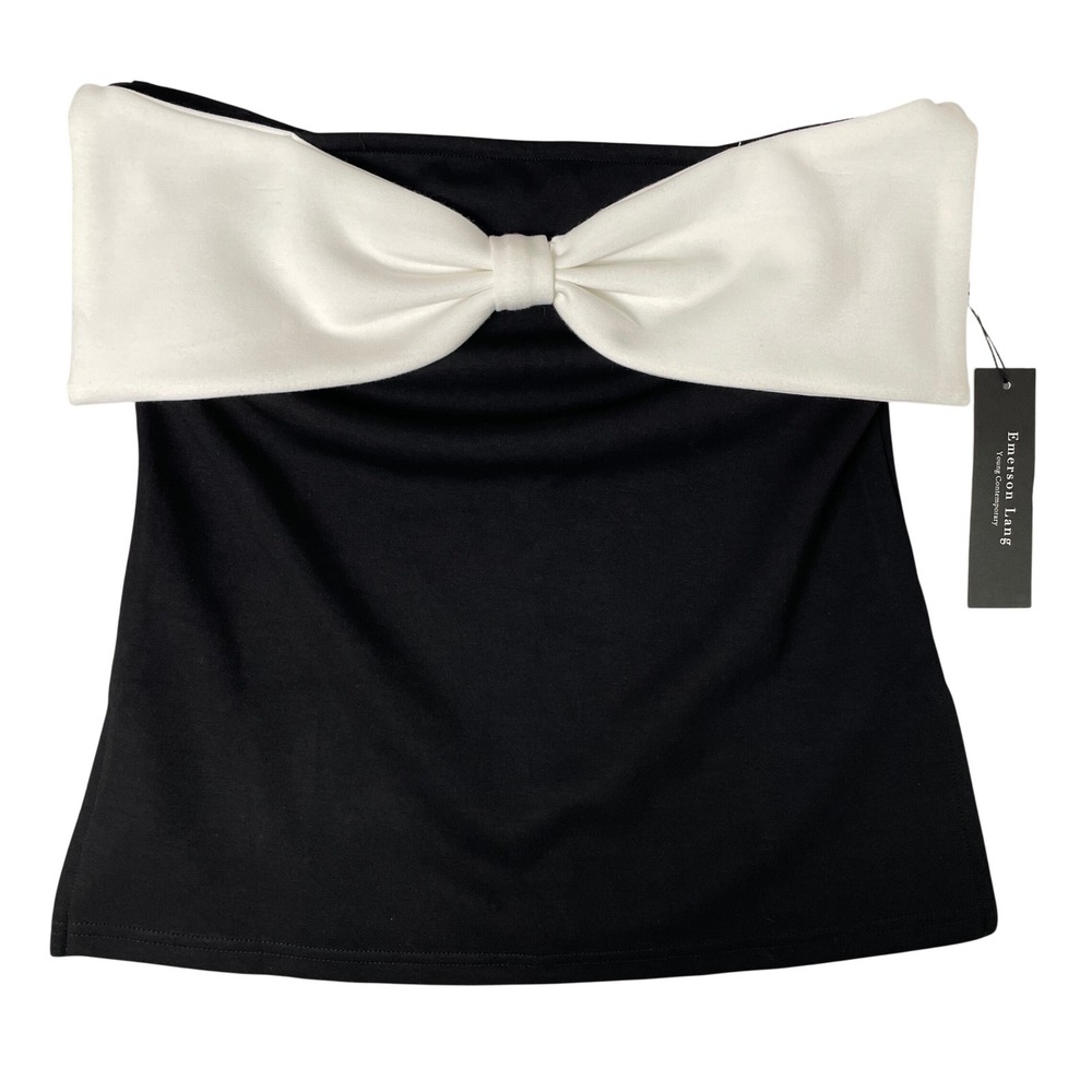 Emerson Lang Black White Bow Top Strapless Cropped Blouse Womens Size L NEW